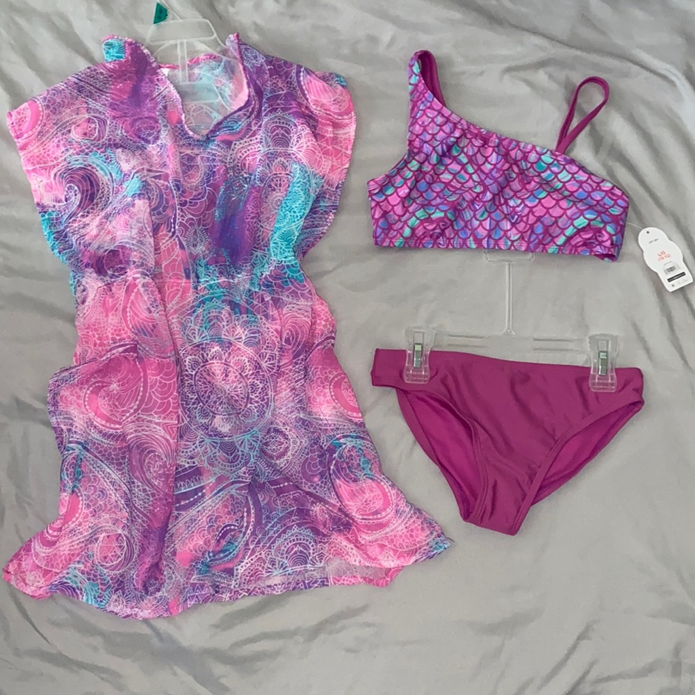 3pcs girls mermaid bikini swimsuit set with cover-up